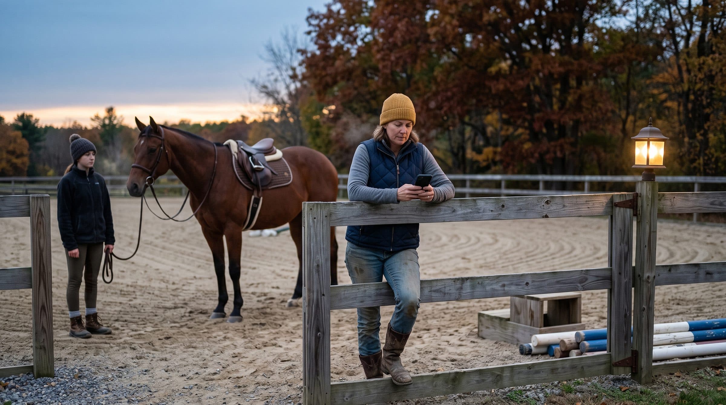 Una instructora se apoya en la puerta de la pista al anochecer y mira el móvil, mientras detrás de ella espera un caballo de escuela ensillado.