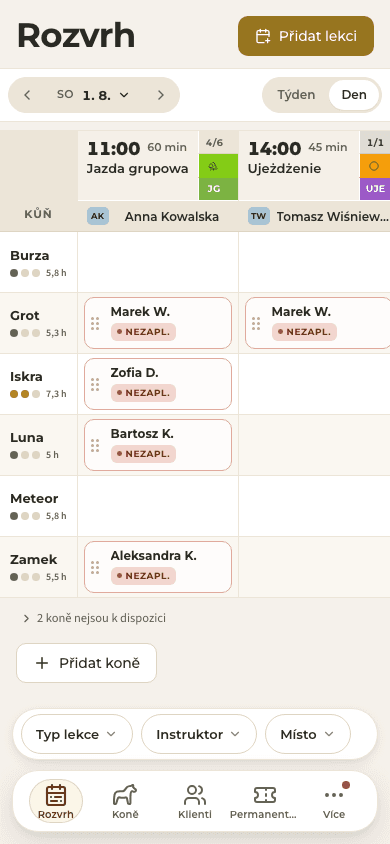snímek obrazovky — dnešní rozvrh