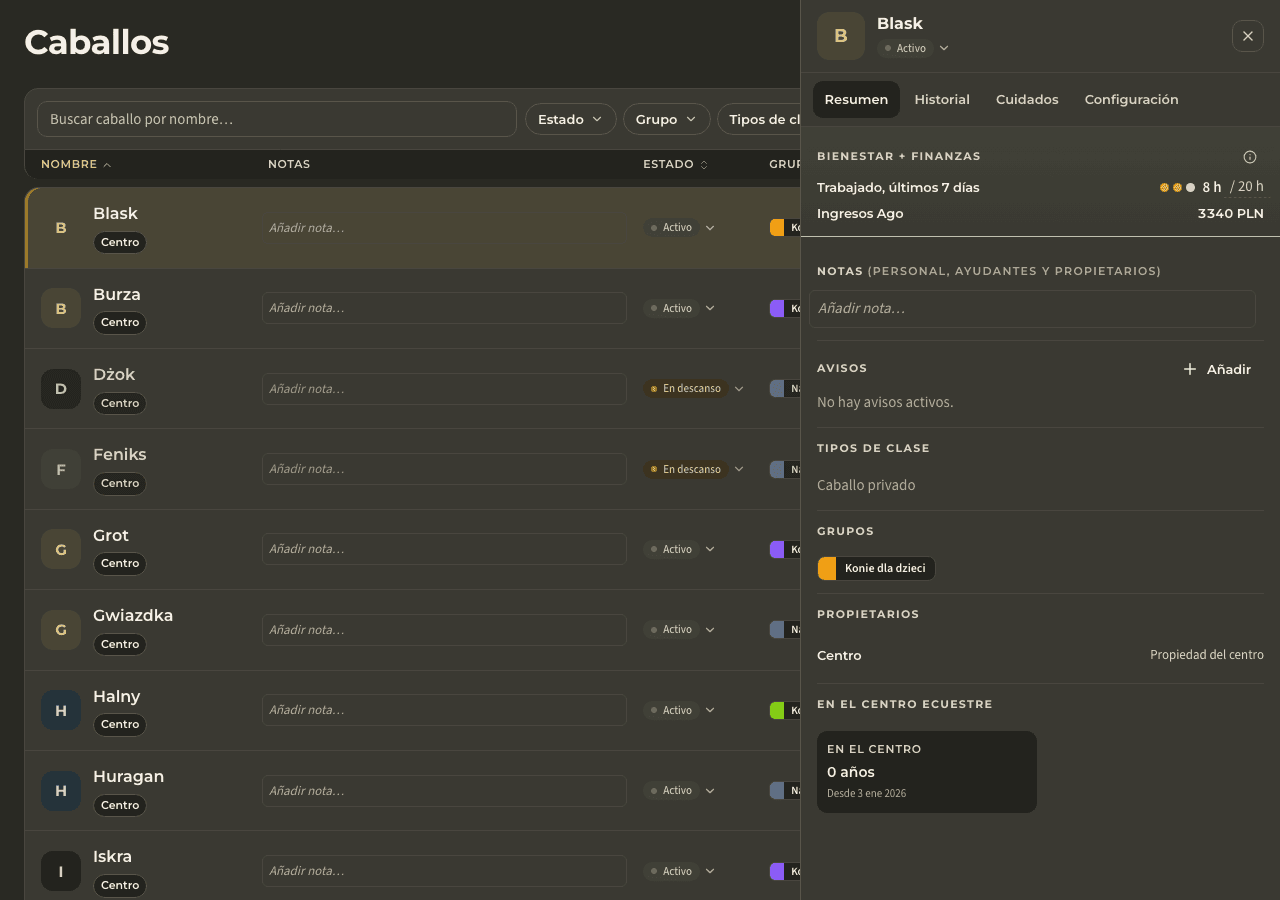 captura de pantalla: ficha del caballo y carga de trabajo