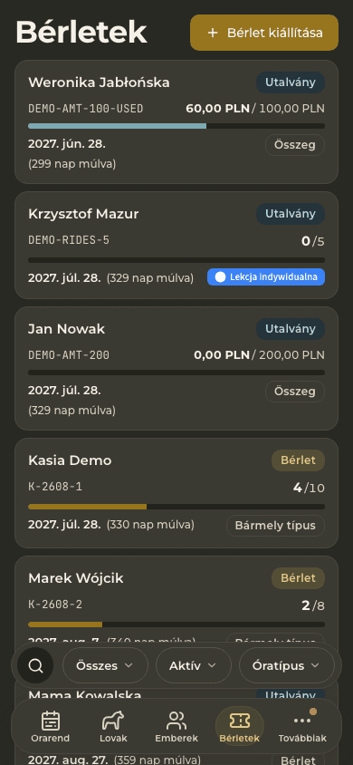 előnézet · Bérletek