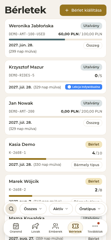 előnézet · Bérletek