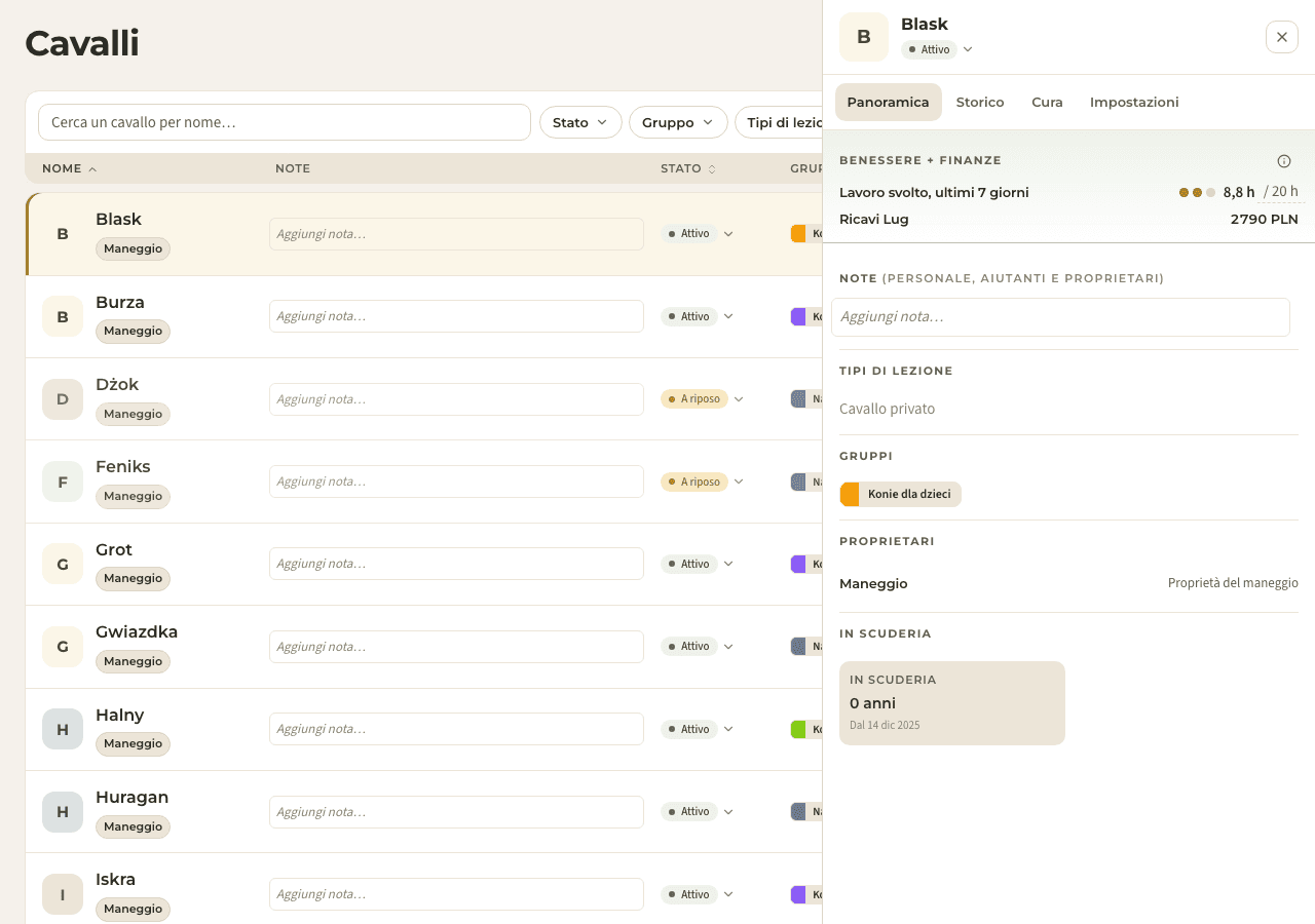 screenshot — profilo del cavallo e carico di lavoro