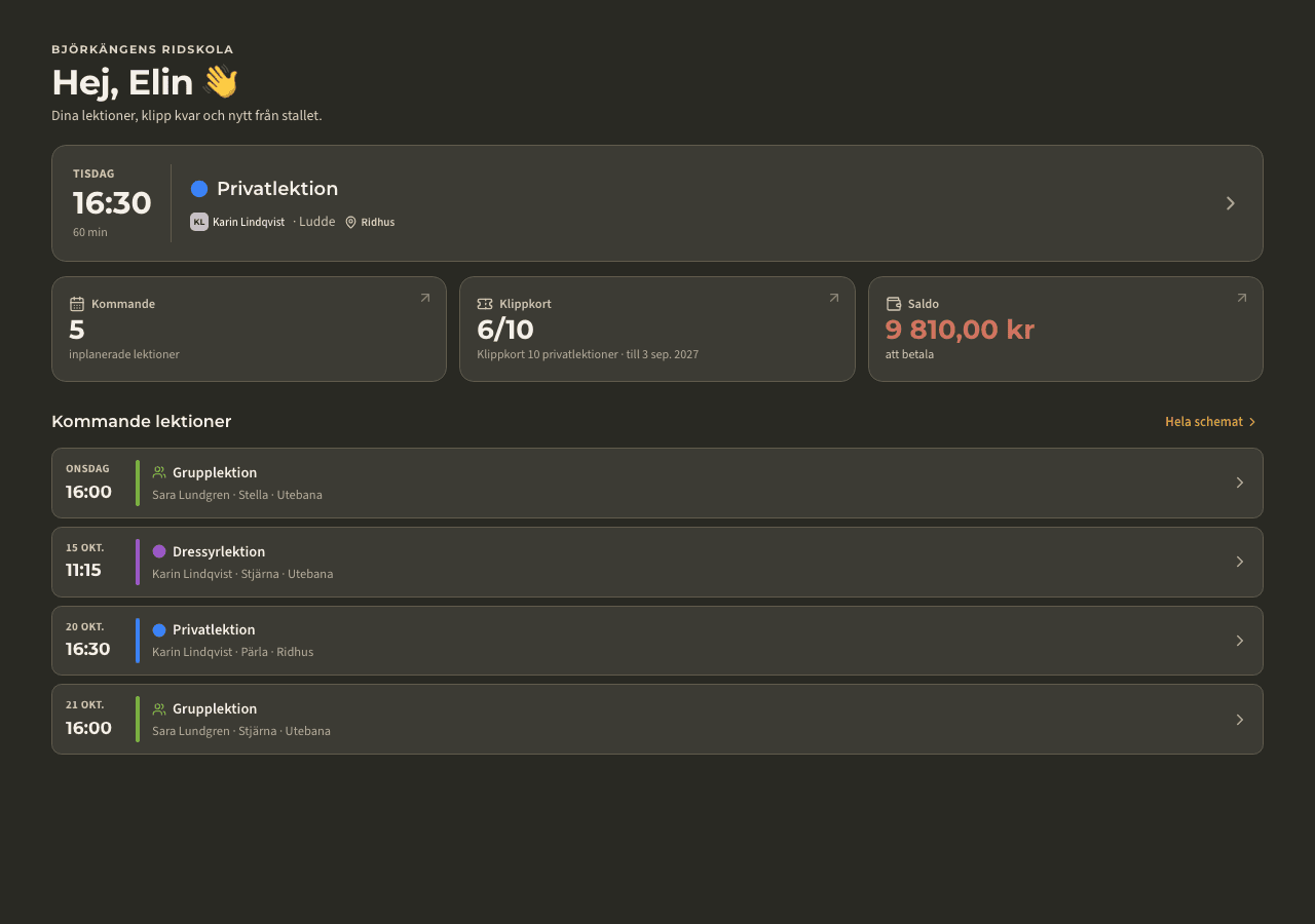 app — mina lektioner och saldo