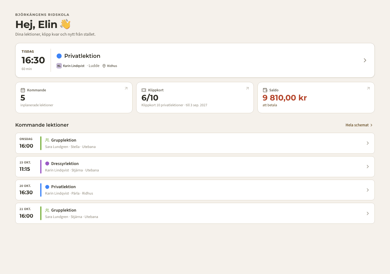 app — mina lektioner och saldo