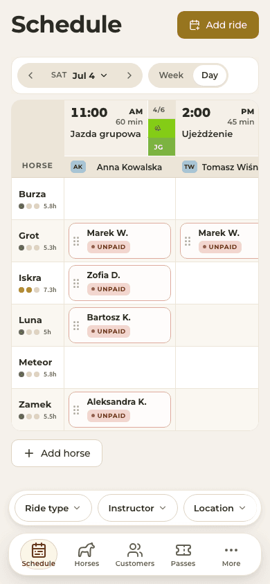 screenshot — today's schedule