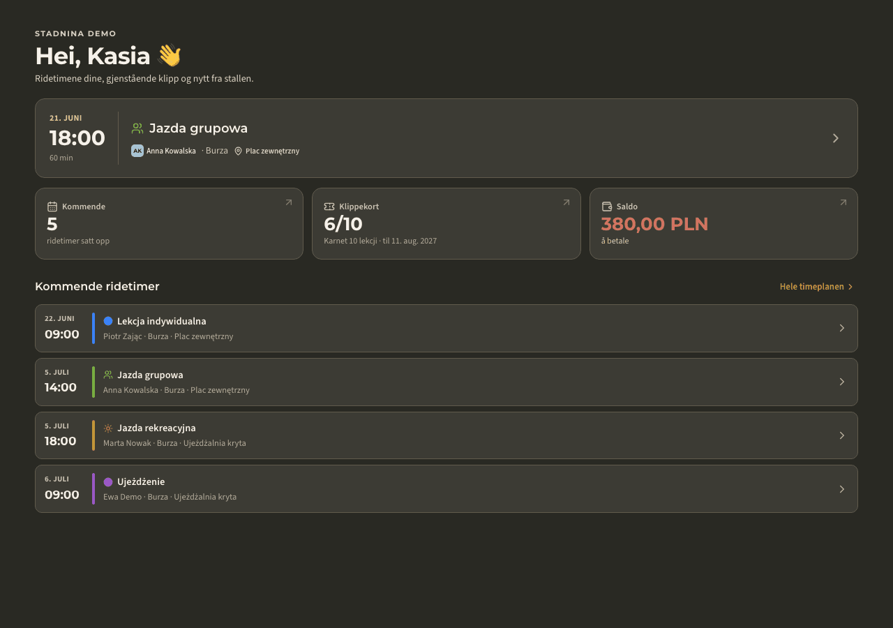 app — mine ridetimer og saldo