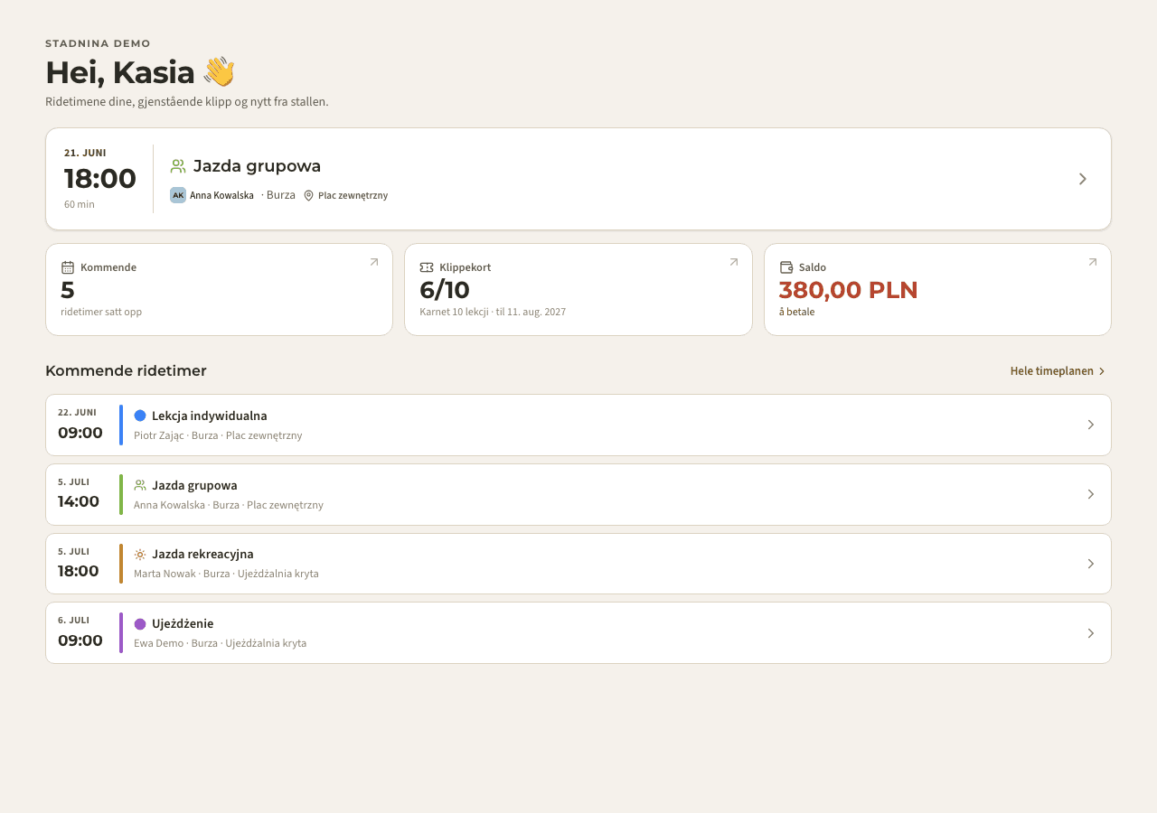 app — mine ridetimer og saldo