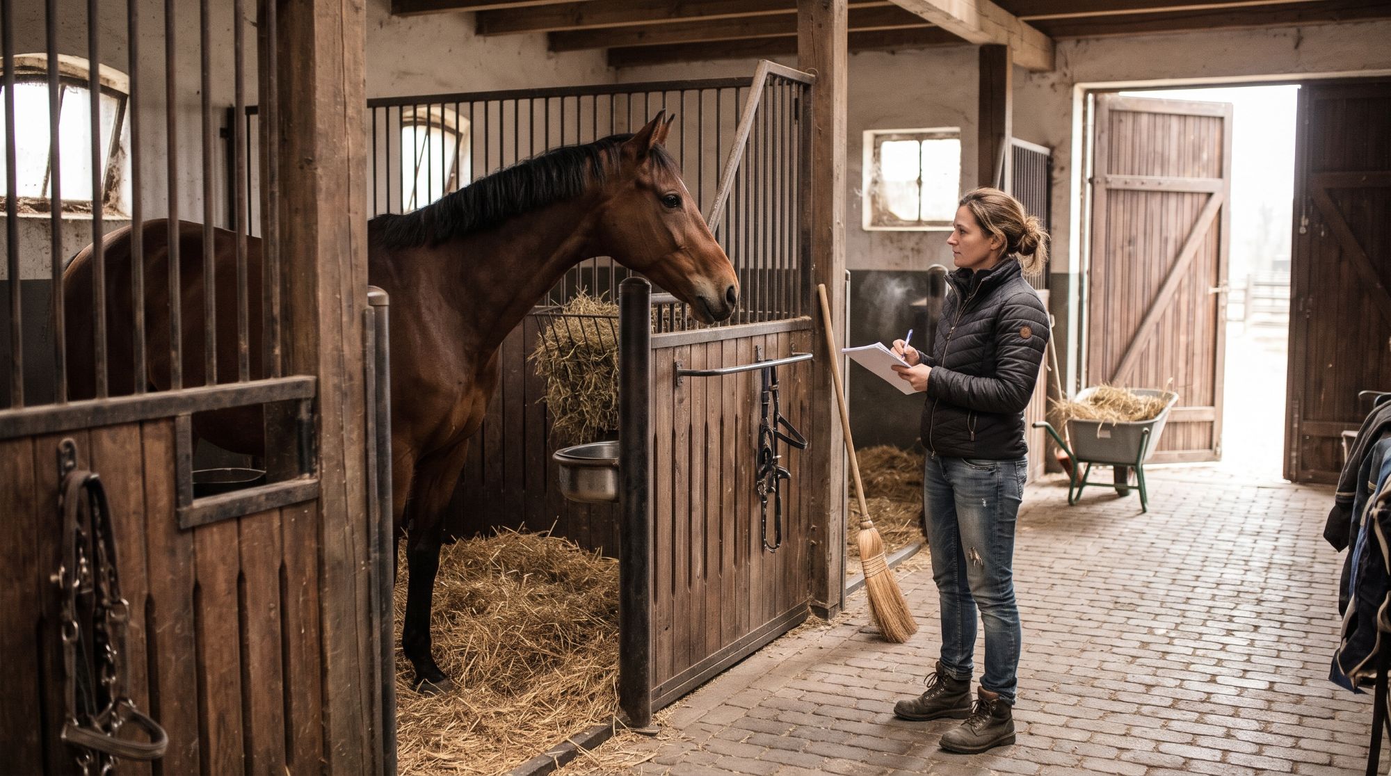 Majitelka stáje se zápisníkem stojí ve stájové uličce a dívá se na hnědého koně v boxe.