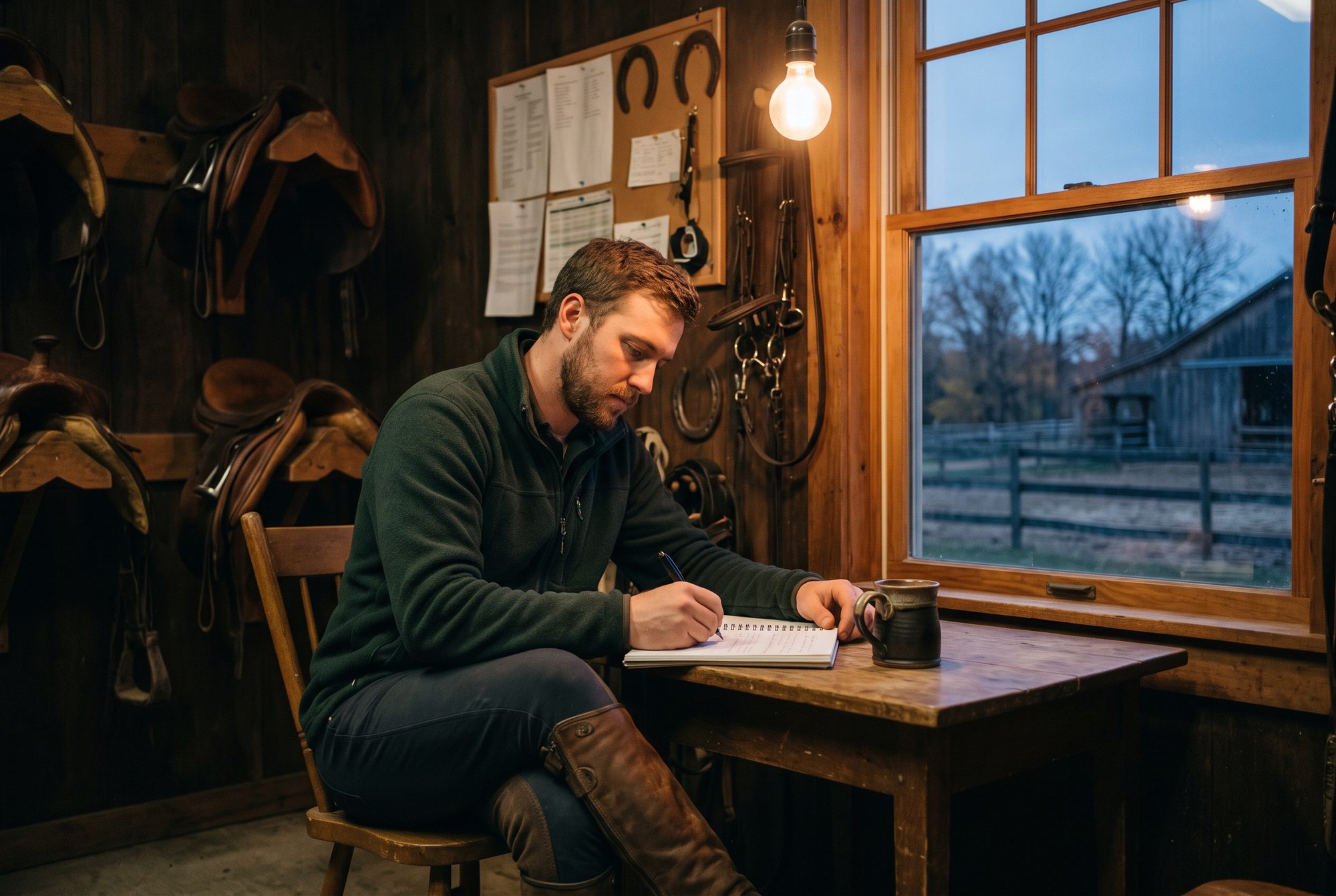 Un moniteur dans une sellerie au crépuscule, en train de noter les cours de la journée dans un carnet.