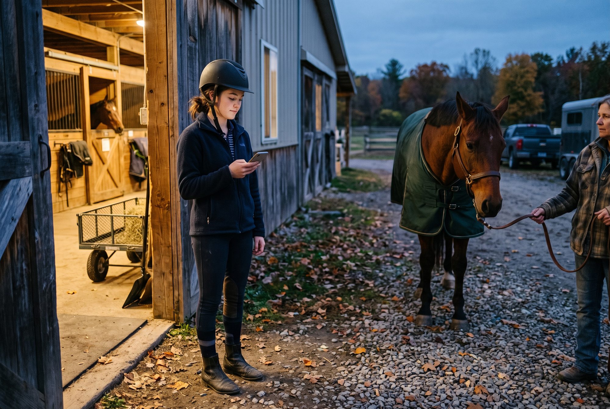 Une cavalière, son casque encore sur la tête, regarde son téléphone devant l’écurie après un cours d’automne.