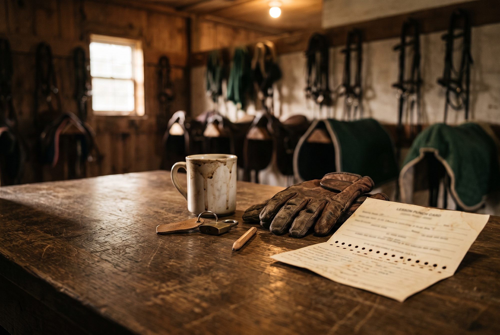Une carte de séances en carton usée sur un bureau de sellerie, à côté d’une paire de gants d’équitation.