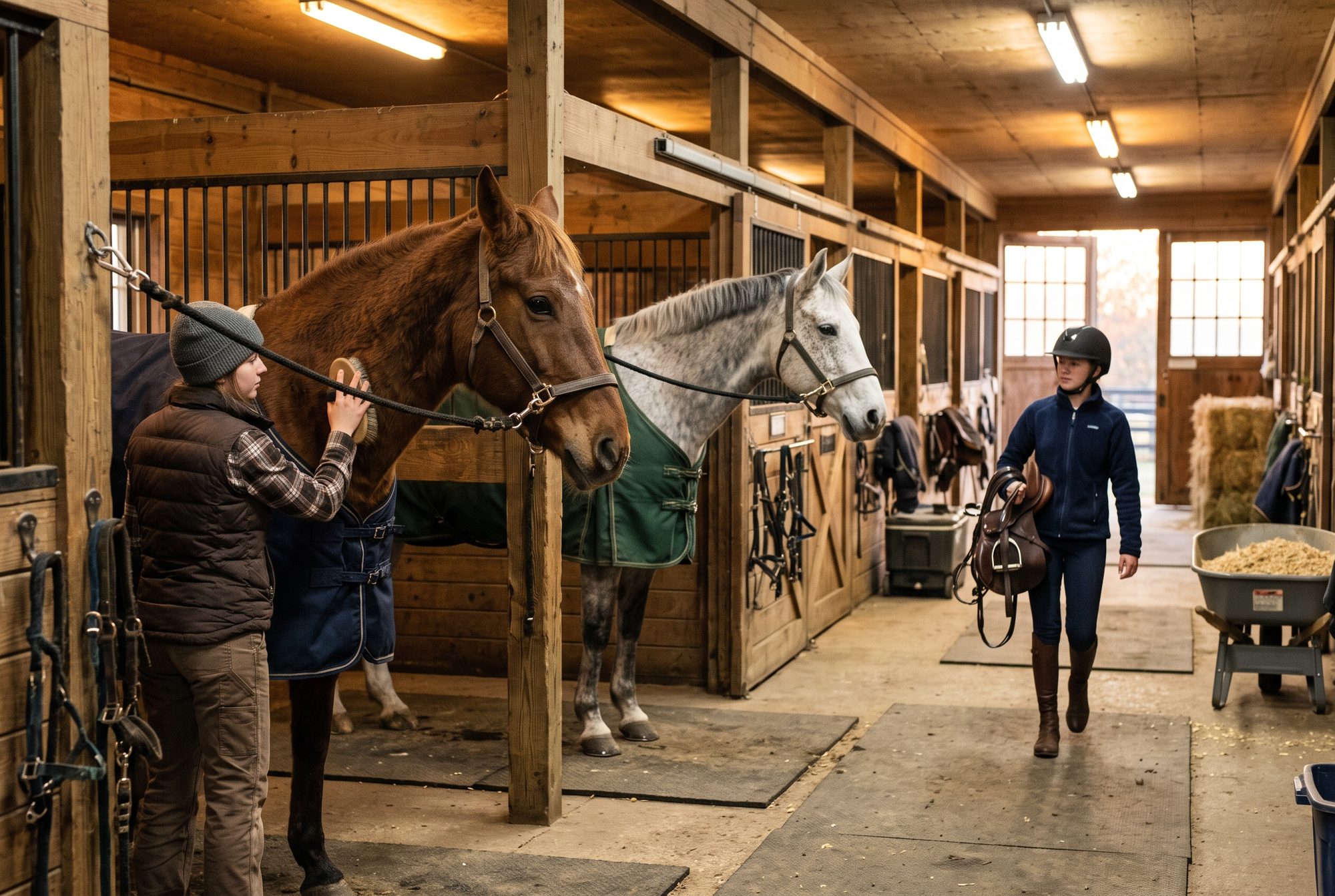 Manegepaarden met hun deken op worden aan het eind van de middag in de stalgang gepoetst, klaar voor de avondlessen.