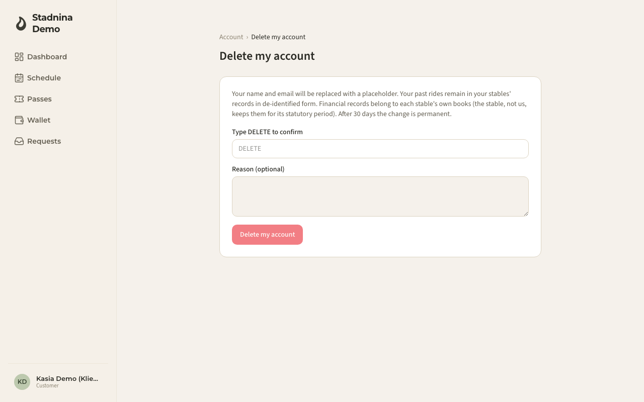 The Delete my account page