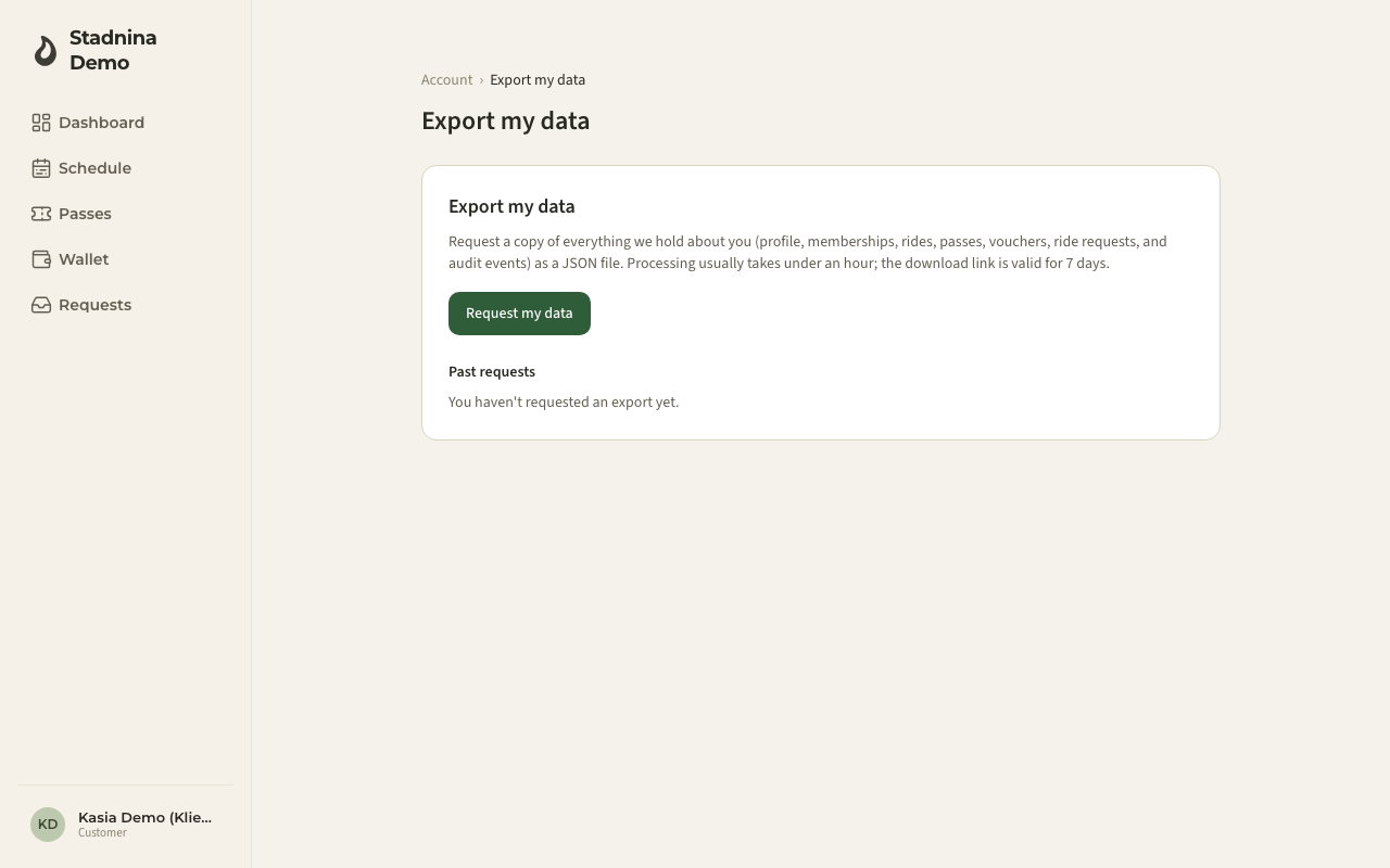 The Export my data page