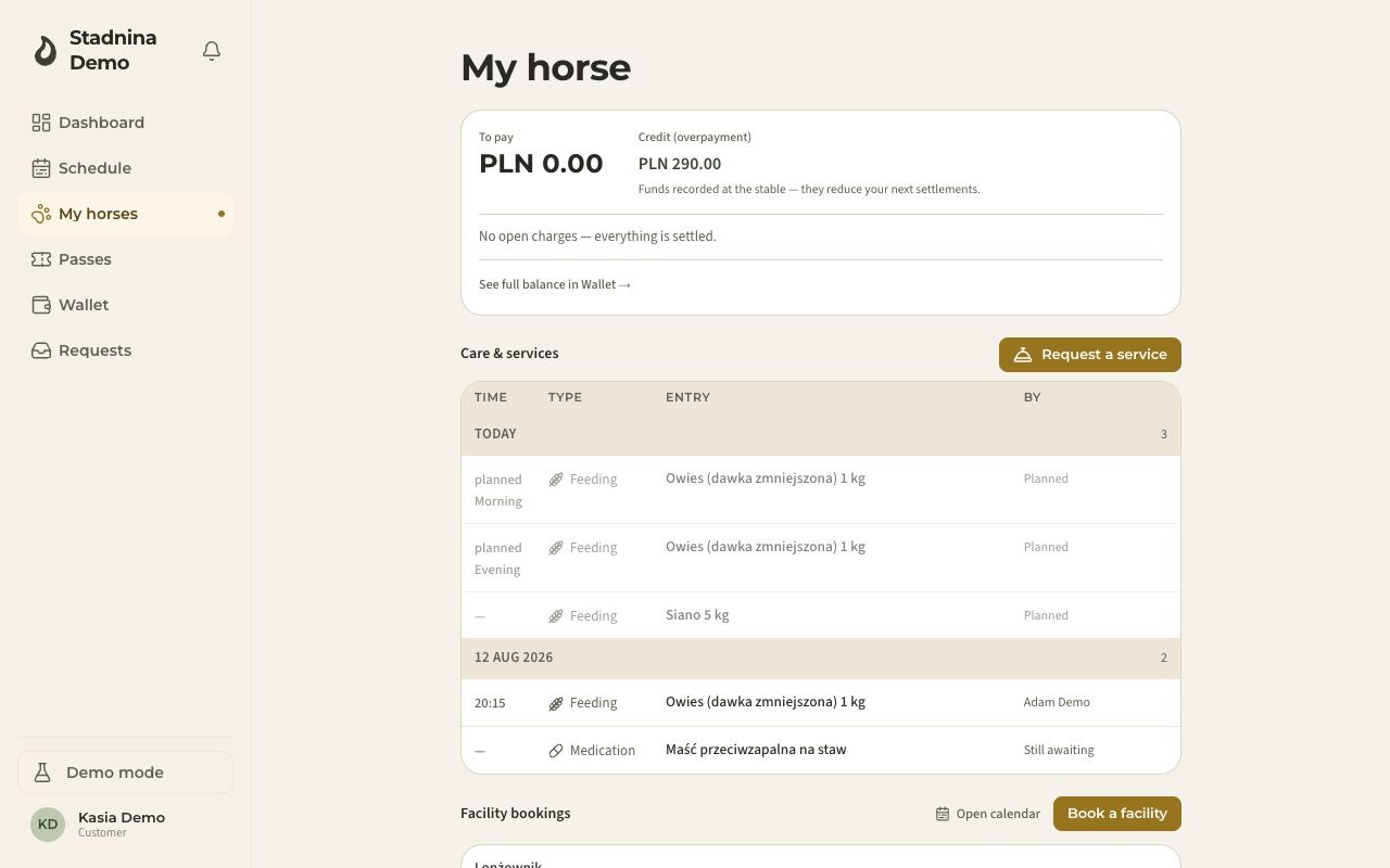 My horse — contract summary, what's due, and the charge history