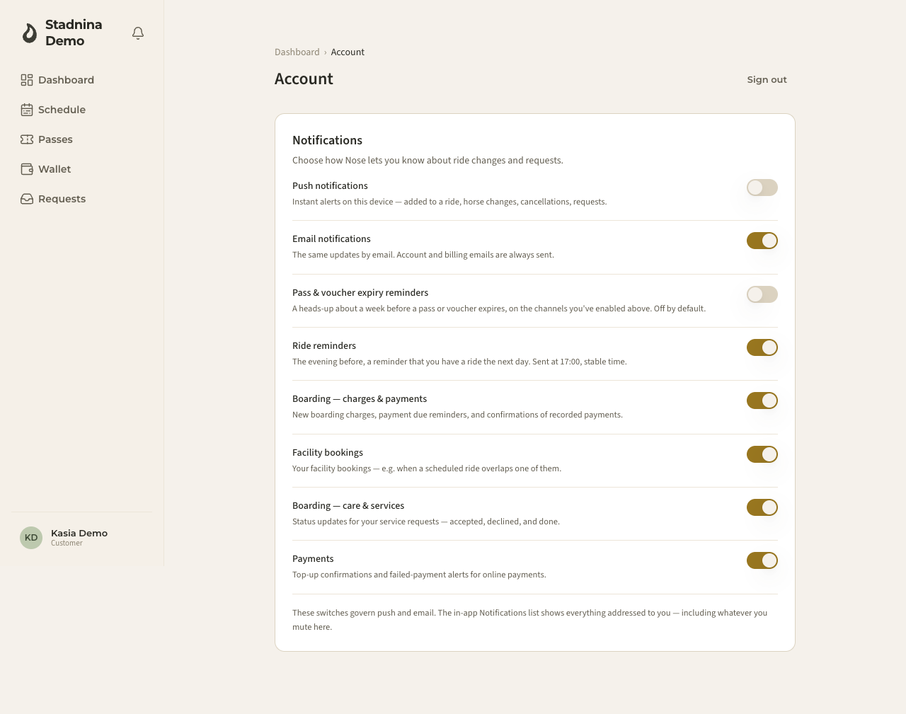 Account notification settings — the Boarding switch