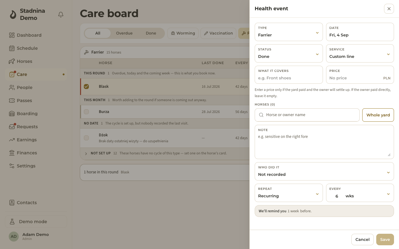 Add health event — one visit, its kind, the horses it covers and how it repeats