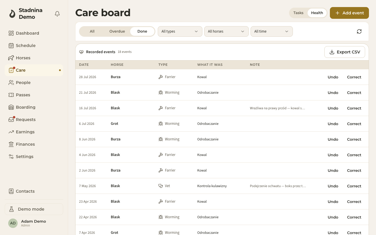 The Done log — every recorded visit in the yard, all seven kinds, newest first