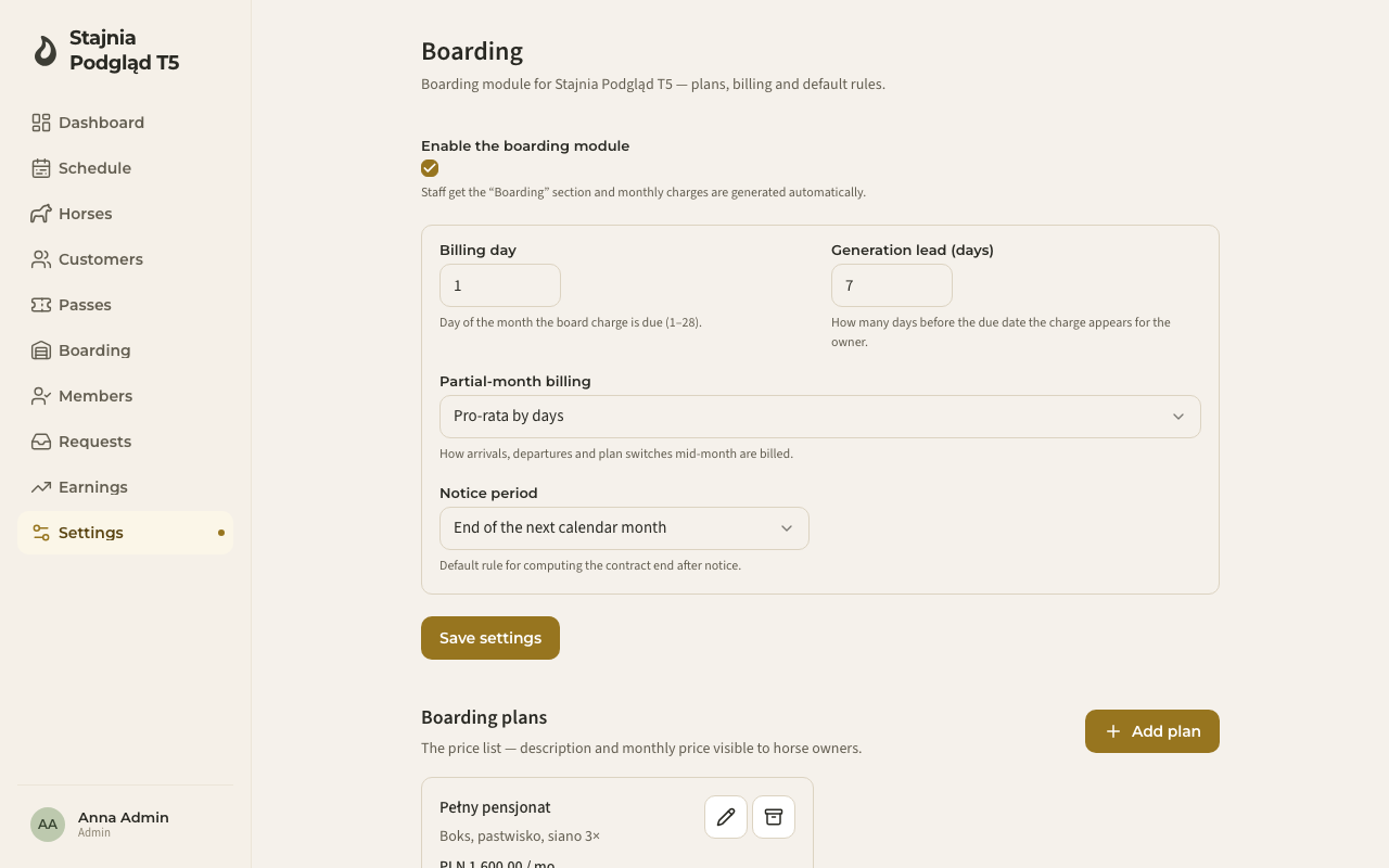 Settings → Boarding — module toggle, billing defaults and the plan price list