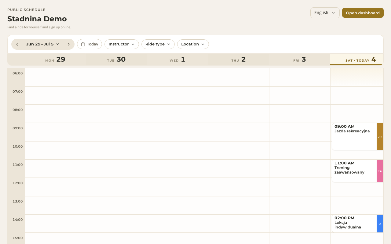 A stable's public schedule