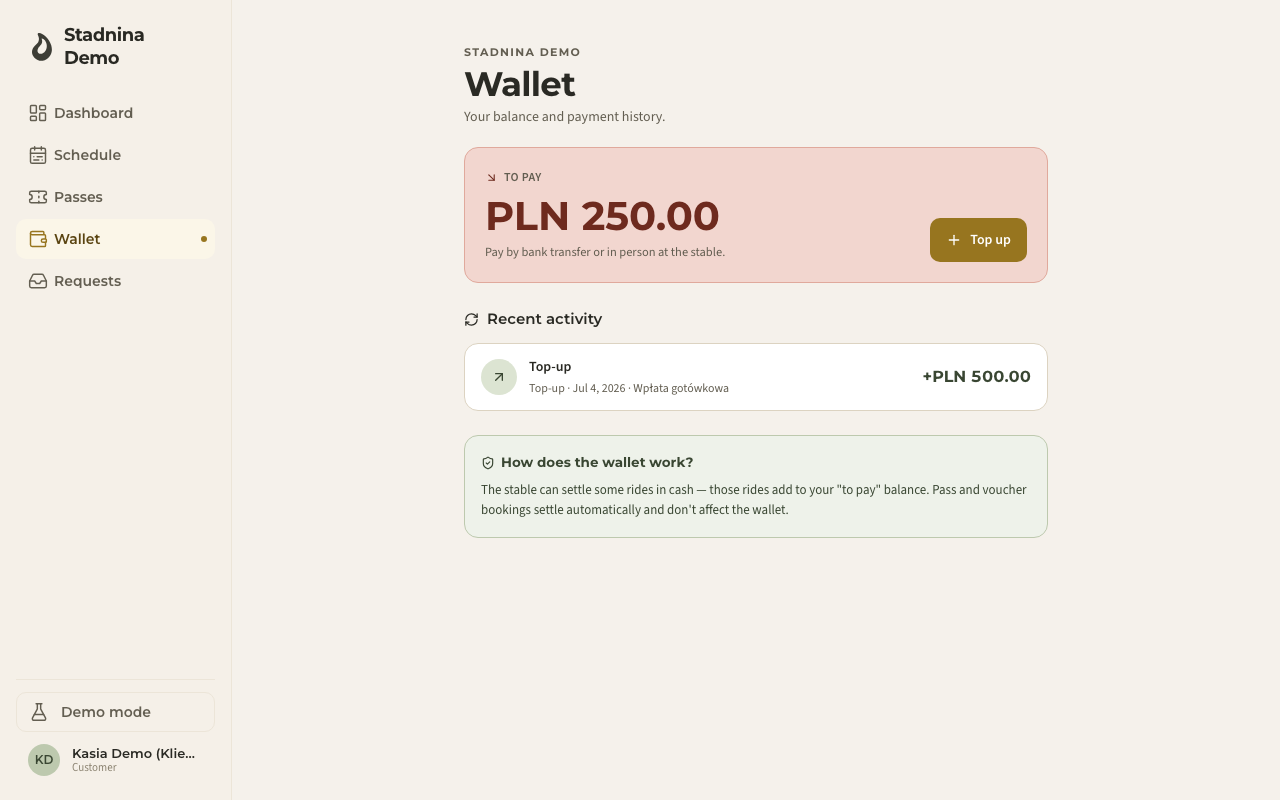 The Wallet page, showing balance and recent activity