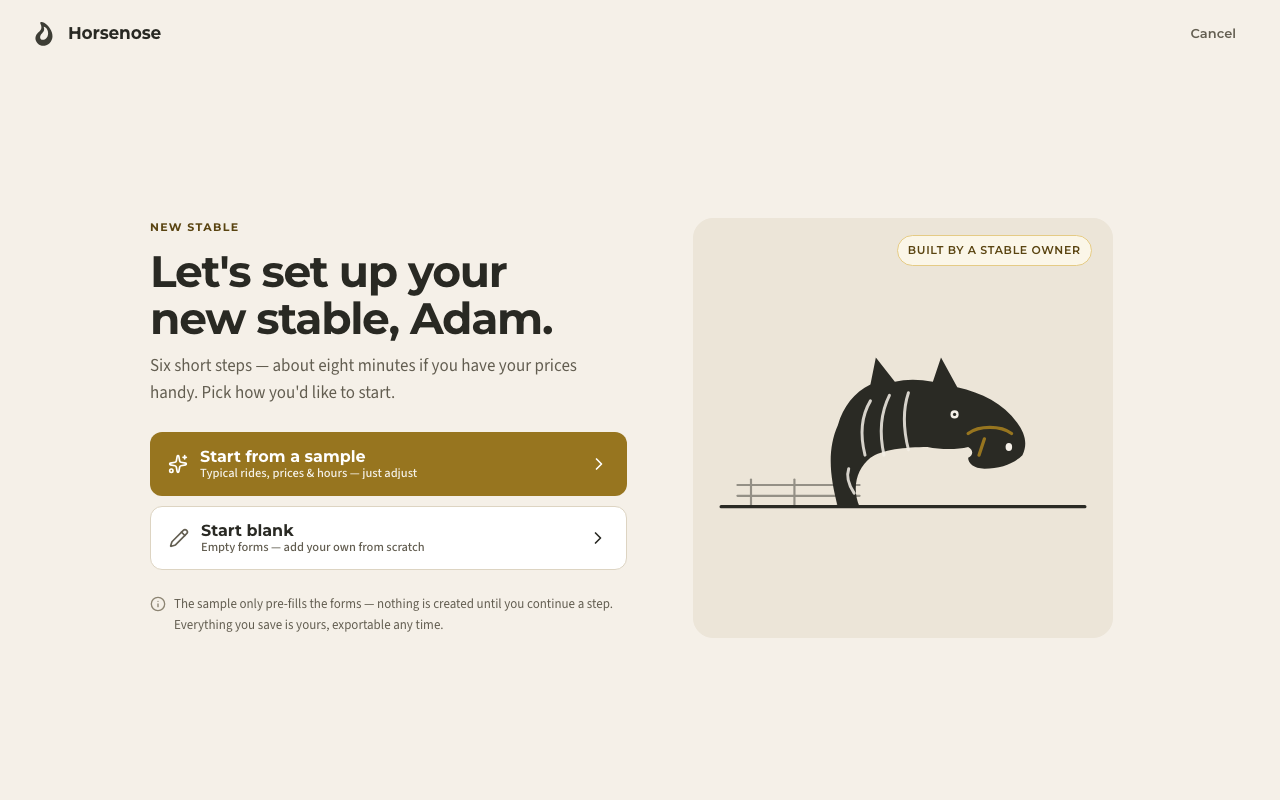 Creating another stable opens the guided setup — start from a sample or a blank stable.