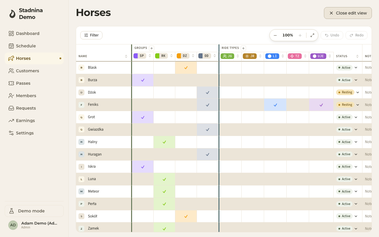 The Horses spreadsheet editor with group columns