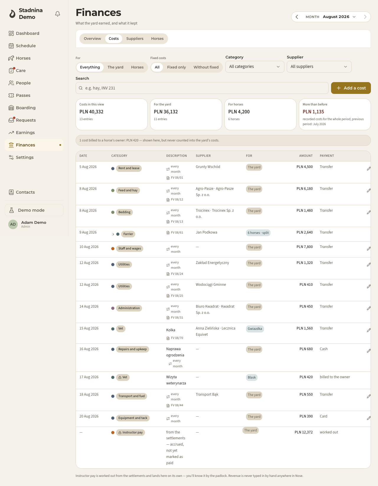 The Costs tab, with a split cost and a cost billed to a horse's owner