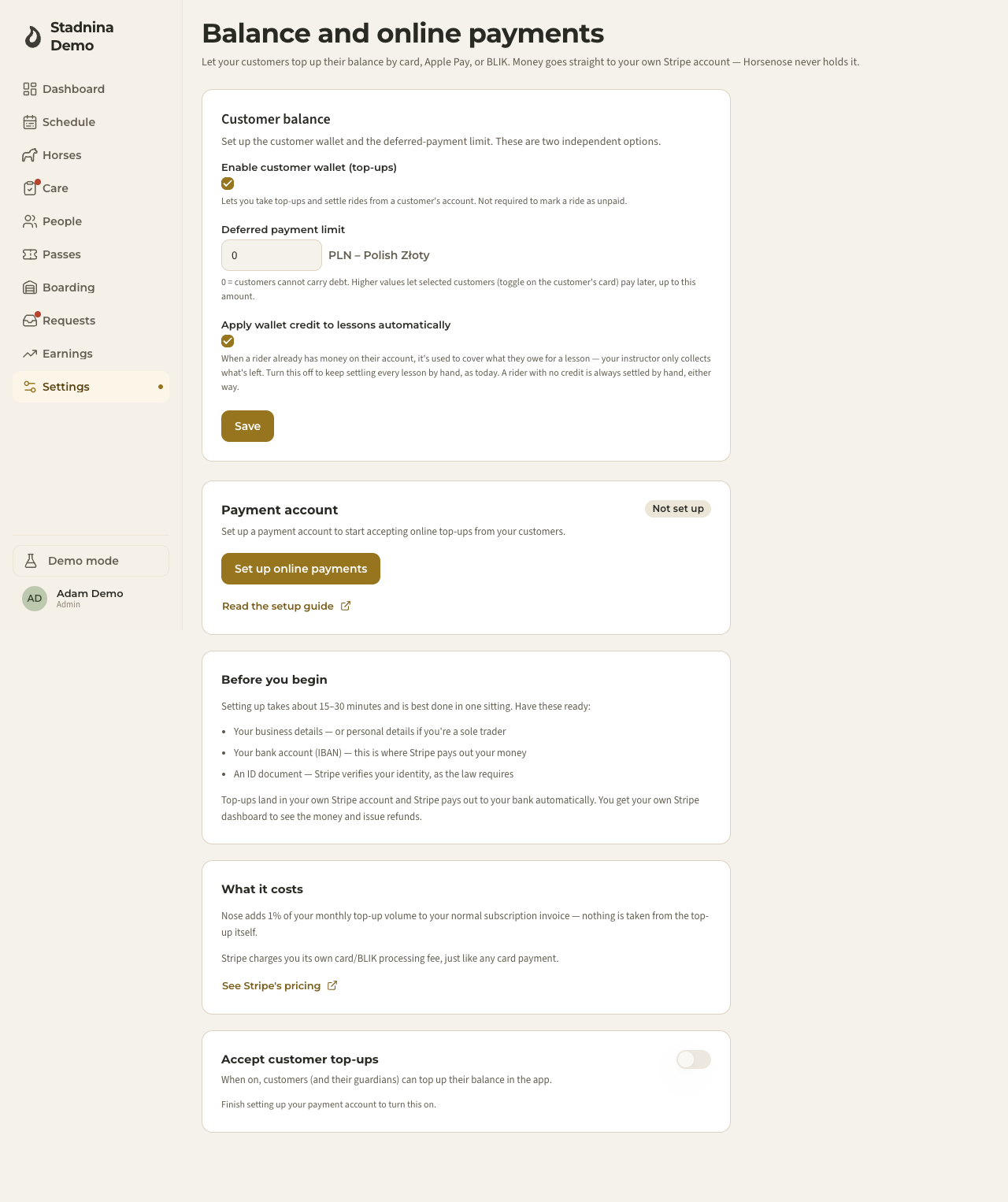 La page des paramètres du solde et des paiements en ligne, avant configuration