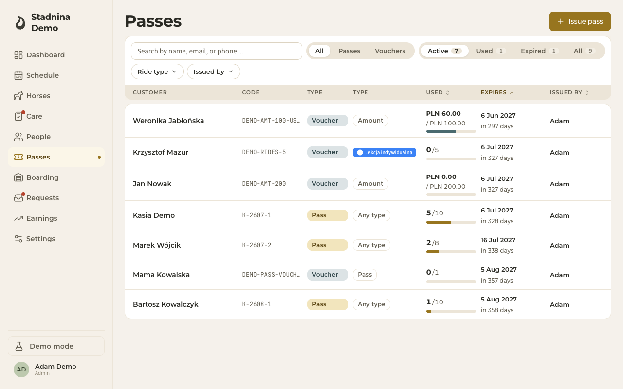 The Passes list — passes and vouchers together