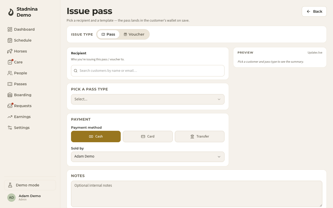 Issuing a new pass