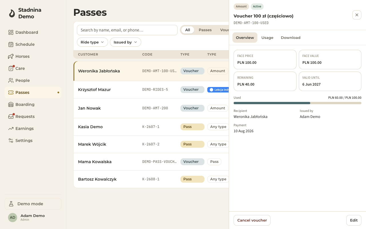 A pass's detail panel, with holders and usage