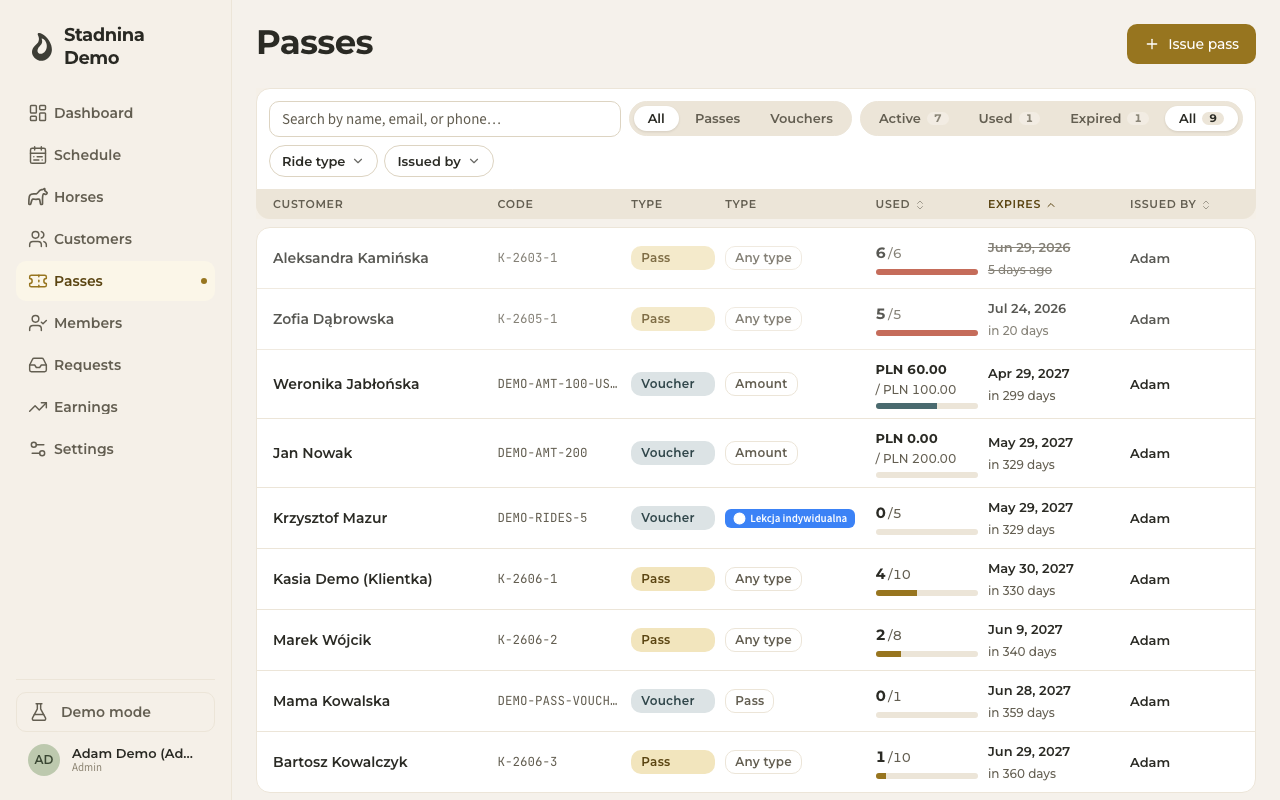 Vouchers, shown inside the unified Passes list