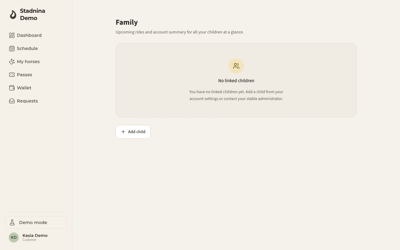 A parent's Family page, with a card for each child