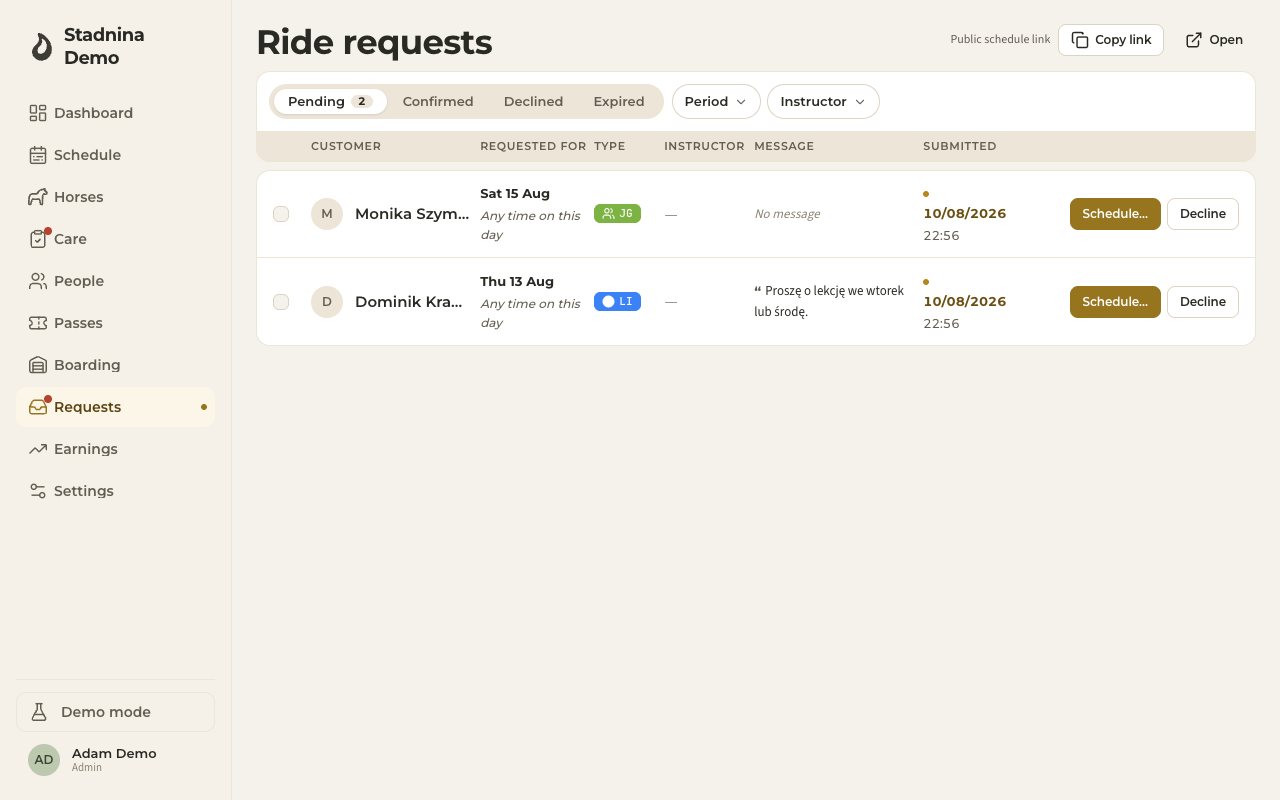 The Requests inbox, pending tab