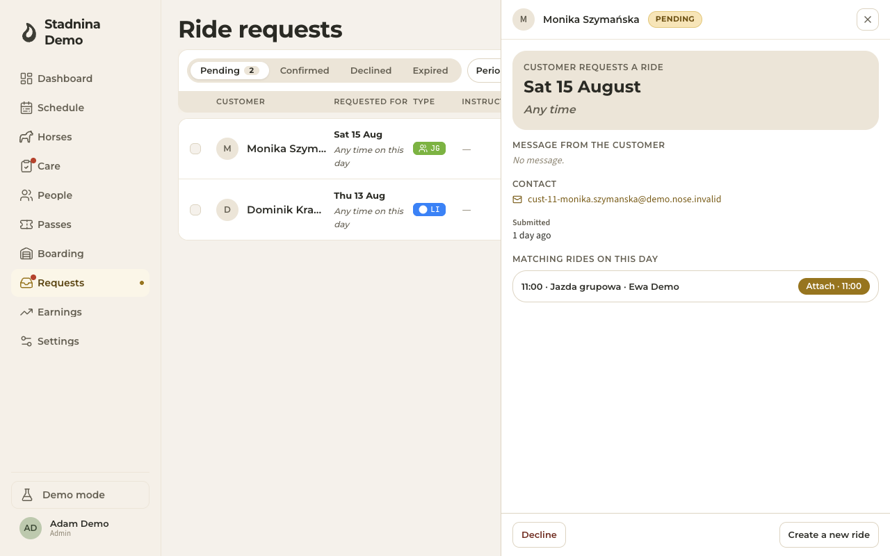 A request's detail panel, ready to confirm