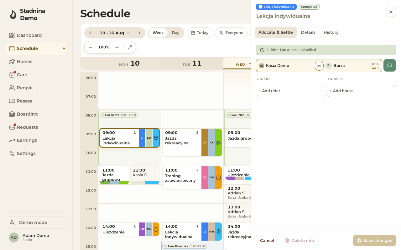 The Allocate & Settle tab, with each rider's wallet button for settling