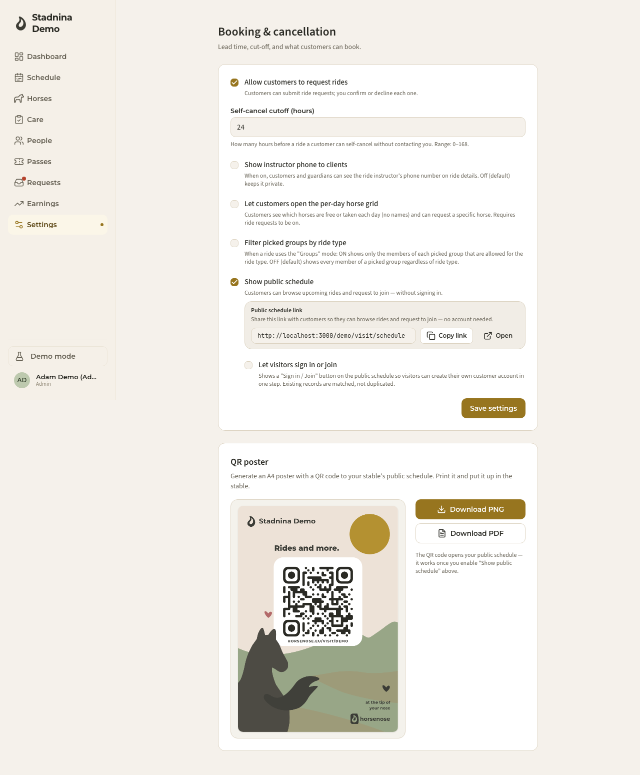 The Booking & cancellation settings page