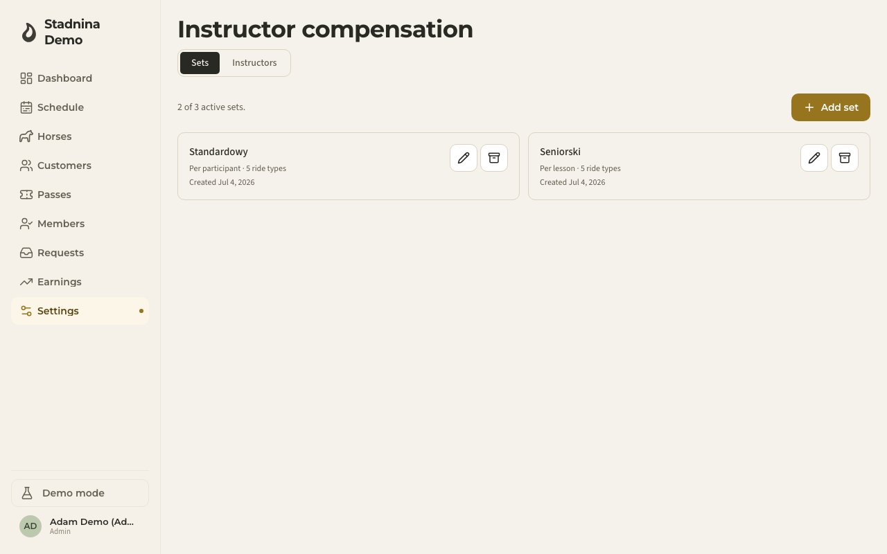 The Sets tab — compensation sets you can assign to instructors