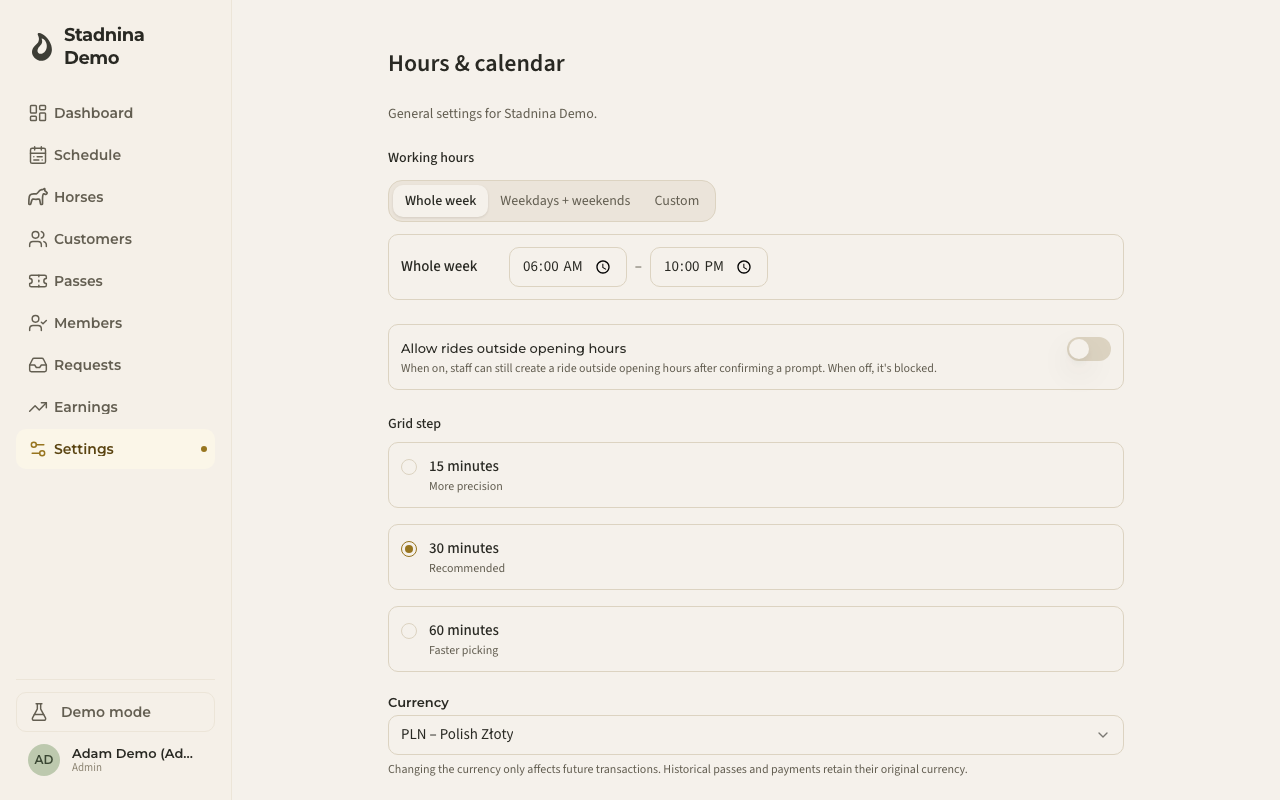The Hours & calendar settings page