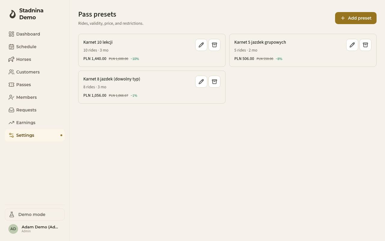 Pass presets — the bundles instructors can issue