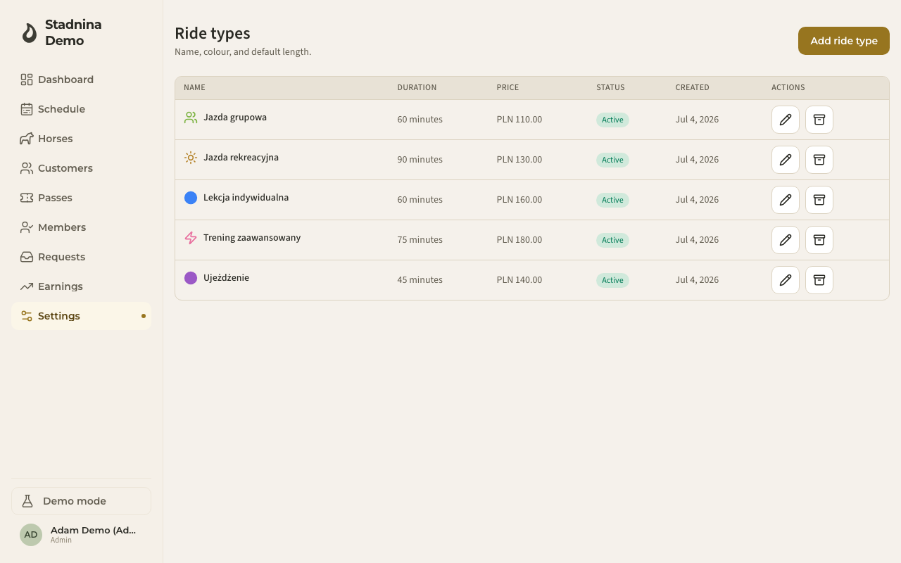 The Ride types list
